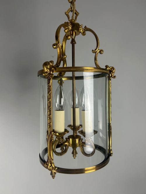 French Gilded Triple Light Convex Hall Lantern