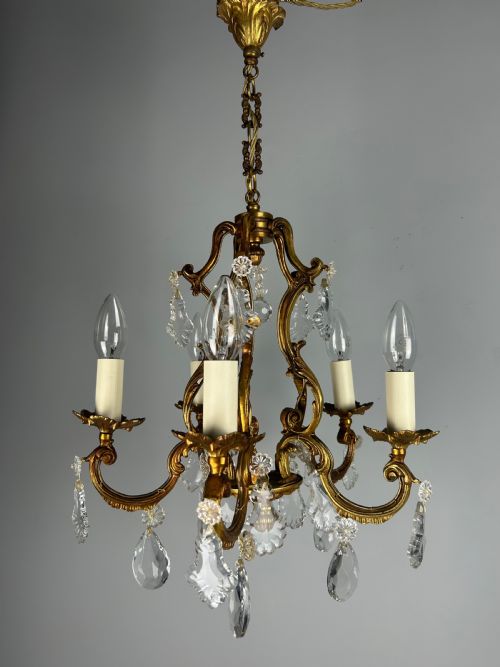 French Gilded & Crystal 5 Light Chandelier