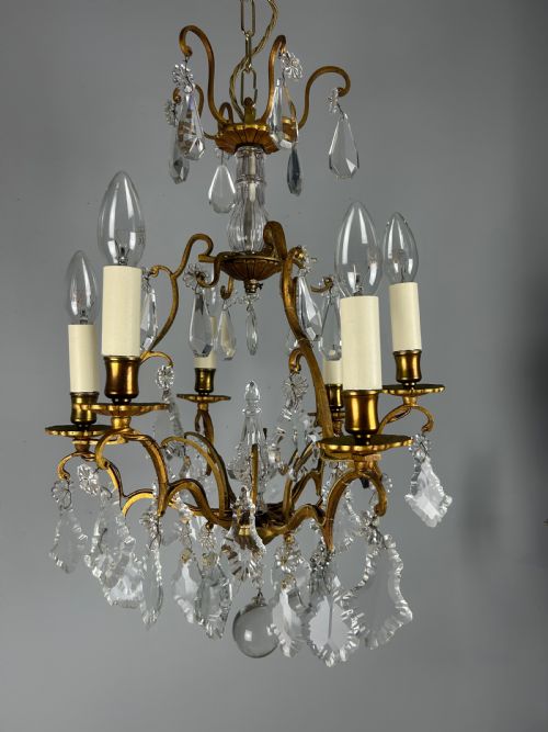 FRENCH BRASS CRYSTAL 6 LIGHT CHANDELIER - ADDITIONAL PHOTO 9