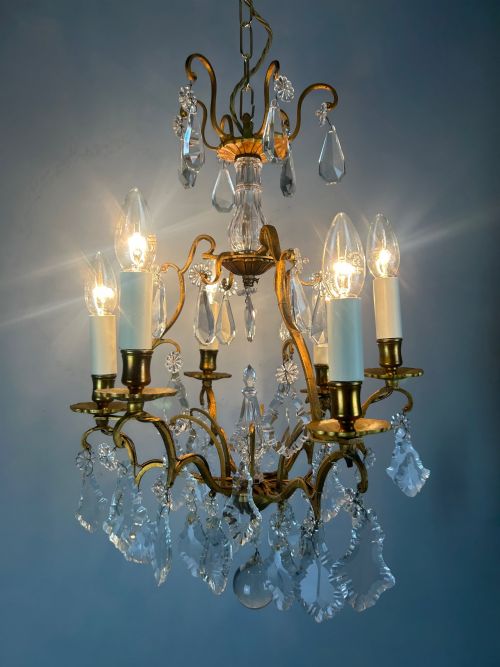 FRENCH BRASS CRYSTAL 6 LIGHT CHANDELIER - ADDITIONAL PHOTO 1