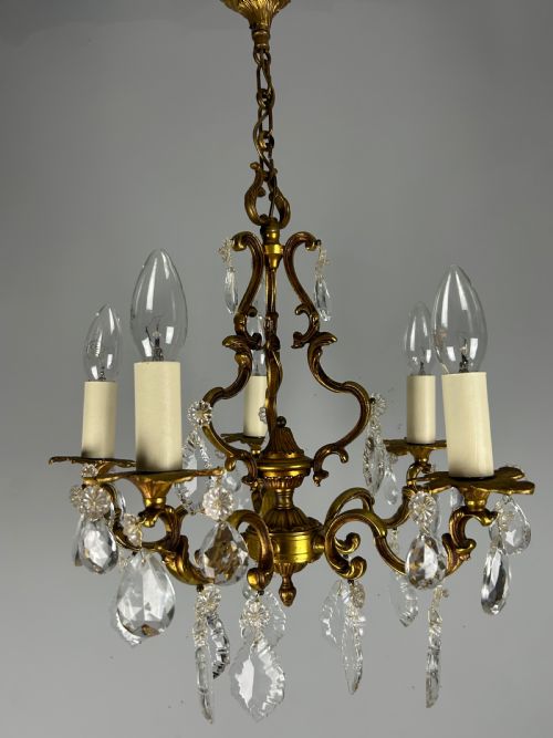 French Brass & Crystal 5 Light Chandelier