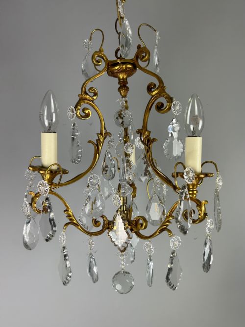 French Gilded & Crystal 3 Light Chandelier