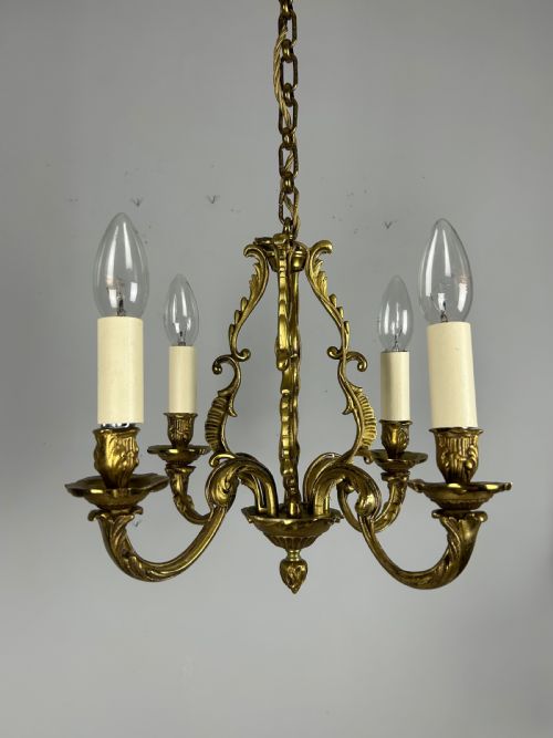 Small French Gilt Brass 4 Light Chandelier, Ceiling Light