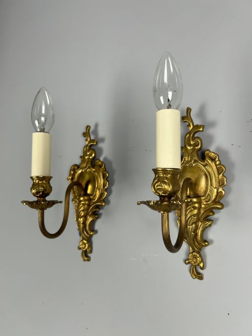 French Pair of Single Arm Antique Gilt Brass Wall Lights