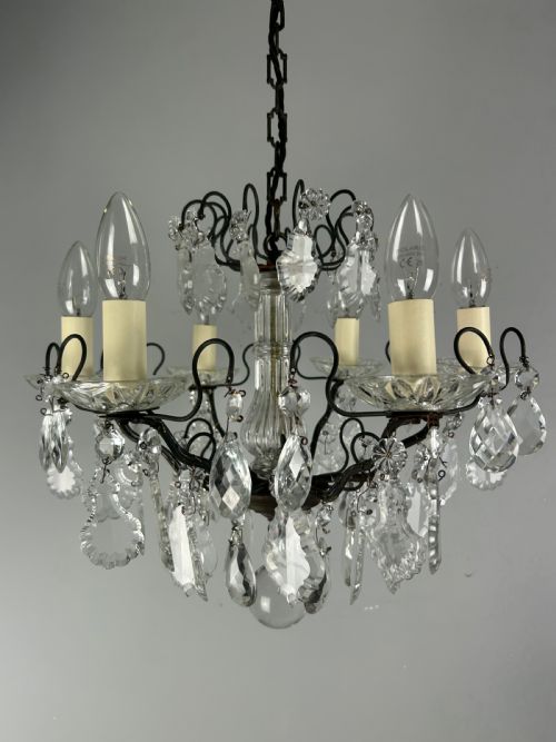 ANTIQUE FRENCH DARK BRASS 6 LIGHT CRYSTAL CHANDELIER