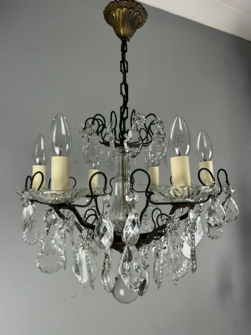 ANTIQUE FRENCH DARK BRASS 6 LIGHT CRYSTAL CHANDELIER - ADDITIONAL PHOTO 2