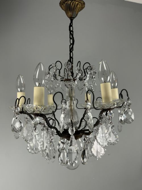 ANTIQUE FRENCH DARK BRASS 6 LIGHT CRYSTAL CHANDELIER - ADDITIONAL PHOTO 7
