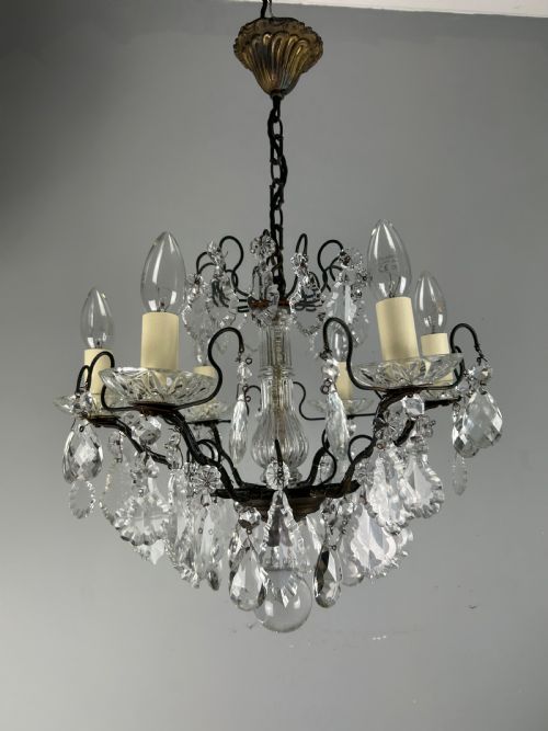 ANTIQUE FRENCH DARK BRASS 6 LIGHT CRYSTAL CHANDELIER - ADDITIONAL PHOTO 8