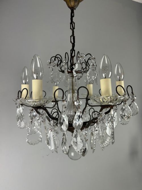 ANTIQUE FRENCH DARK BRASS 6 LIGHT CRYSTAL CHANDELIER - ADDITIONAL PHOTO 9