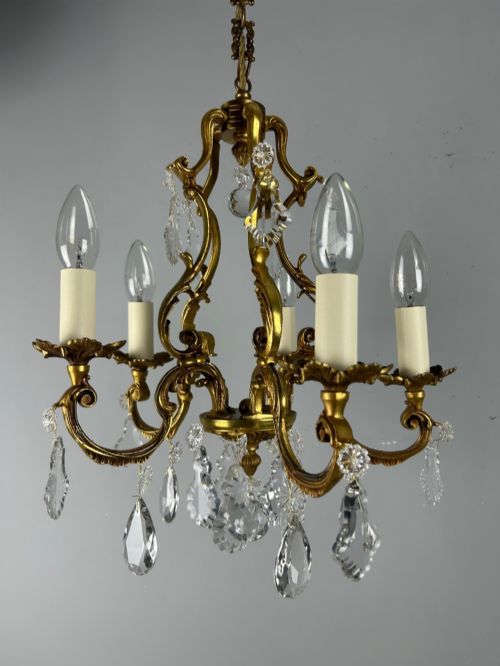 French Gilded & Crystal 5 Light Chandelier