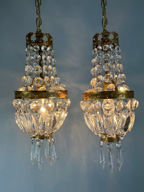 PAIR OF FRENCH CRYSTAL SINGLE LIGHT CHANDELIERS CEILING LIGHTS - ADDITIONAL PHOTO 1