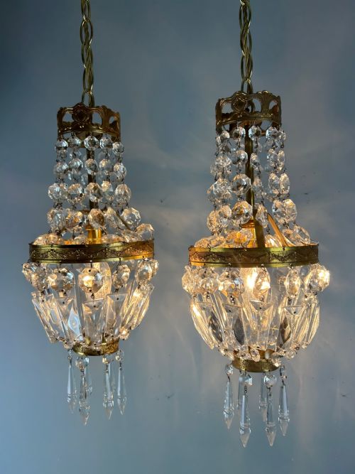 PAIR OF FRENCH CRYSTAL SINGLE LIGHT CHANDELIERS CEILING LIGHTS - ADDITIONAL PHOTO 2