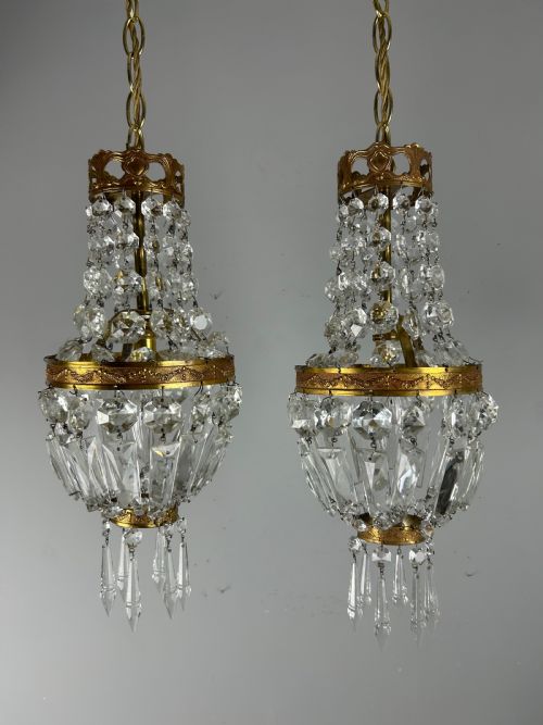 PAIR OF FRENCH CRYSTAL SINGLE LIGHT CHANDELIERS CEILING LIGHTS - ADDITIONAL PHOTO 4