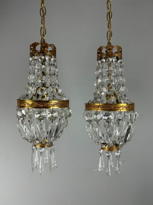 PAIR OF FRENCH CRYSTAL SINGLE LIGHT CHANDELIERS CEILING LIGHTS - ADDITIONAL PHOTO 3
