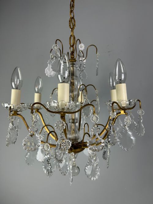 FRENCH GILDED BRASS CRYSTAL 6 LIGHT ANTIQUE CHANDELIER - ADDITIONAL PHOTO 6