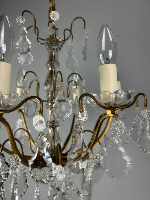 FRENCH GILDED BRASS CRYSTAL 6 LIGHT ANTIQUE CHANDELIER - ADDITIONAL PHOTO 7