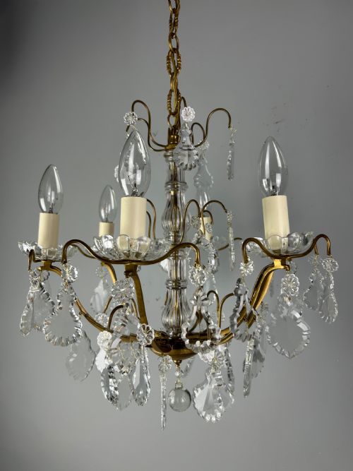 FRENCH GILDED BRASS CRYSTAL 6 LIGHT ANTIQUE CHANDELIER - ADDITIONAL PHOTO 8