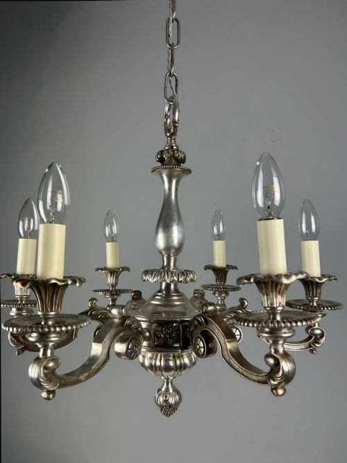 ENGLISH SILVER PLATED 6 LIGHT ANTIQUE CHANDELIER - ADDITIONAL PHOTO 1
