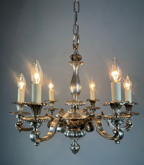 ENGLISH SILVER PLATED 6 LIGHT ANTIQUE CHANDELIER - ADDITIONAL PHOTO 3