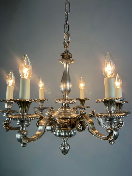 ENGLISH SILVER PLATED 6 LIGHT ANTIQUE CHANDELIER - ADDITIONAL PHOTO 5