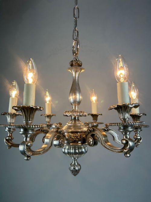 ENGLISH SILVER PLATED 6 LIGHT ANTIQUE CHANDELIER - ADDITIONAL PHOTO 6