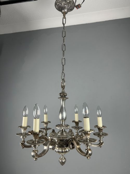 ENGLISH SILVER PLATED 6 LIGHT ANTIQUE CHANDELIER - ADDITIONAL PHOTO 9