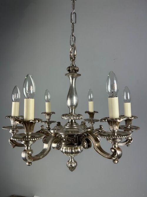 ENGLISH SILVER PLATED 6 LIGHT ANTIQUE CHANDELIER - ADDITIONAL PHOTO 14