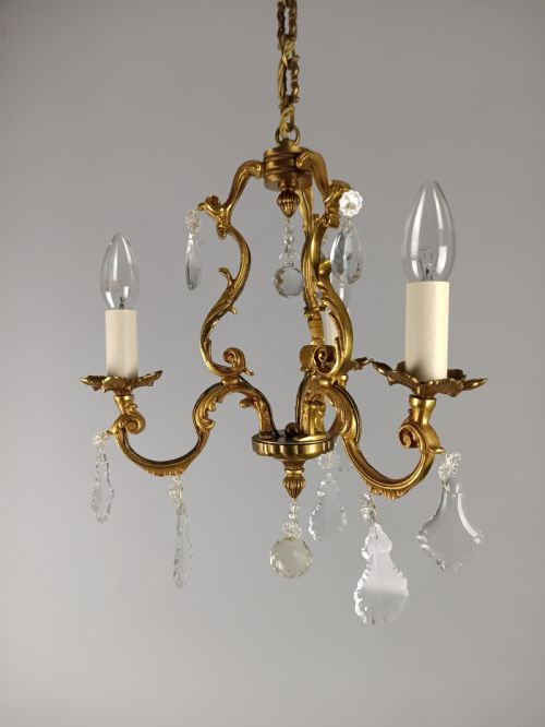French Gilded Bronze Crystal Triple Light Antique Chandelier
