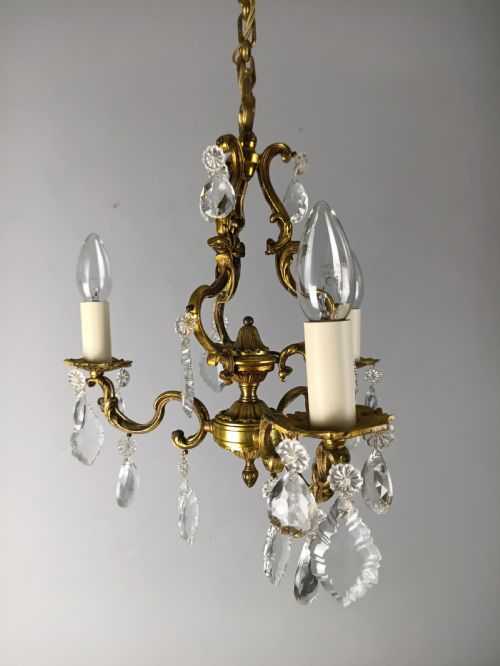 FRENCH GILT BRASS CRYSTAL TRIPLE LIGHT ANTIQUE CHANDELIER - ADDITIONAL PHOTO 12