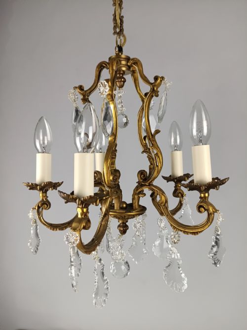 FRENCH GILDED CRYSTAL 5 LIGHT CHANDELIER