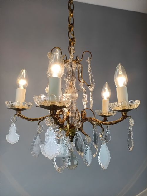 French Gilded & Crystal 5 Light Chandelier