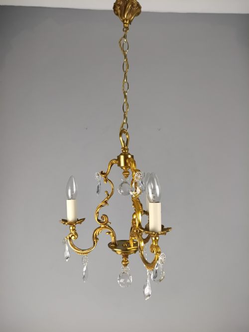 FRENCH GILT BRASS CRYSTAL TRIPLE LIGHT ANTIQUE CHANDELIER - ADDITIONAL PHOTO 11