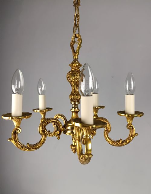 French Gilt Brass 5 Light Chandelier
