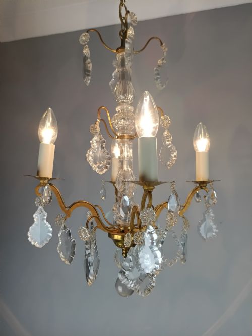 FRENCH GILDED BRASS 4 LIGHT CRYSTAL CHANDELIER - ADDITIONAL PHOTO 11