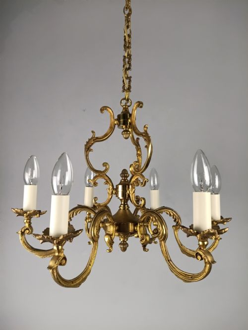 FRENCH GILT BRASS 6 LIGHT CHANDELIER
