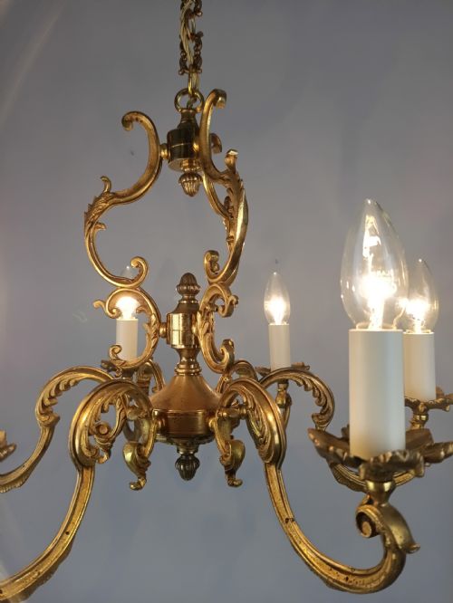 FRENCH GILT BRASS 6 LIGHT CHANDELIER - ADDITIONAL PHOTO 2