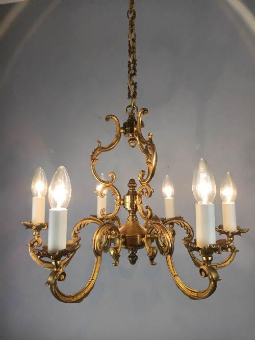 FRENCH GILT BRASS 6 LIGHT CHANDELIER - ADDITIONAL PHOTO 3