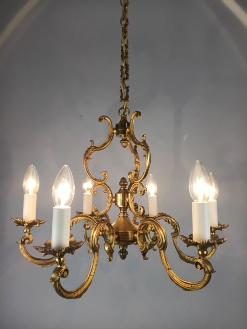 FRENCH GILT BRASS 6 LIGHT CHANDELIER - ADDITIONAL PHOTO 4