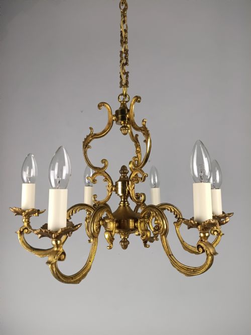 FRENCH GILT BRASS 6 LIGHT CHANDELIER - ADDITIONAL PHOTO 5