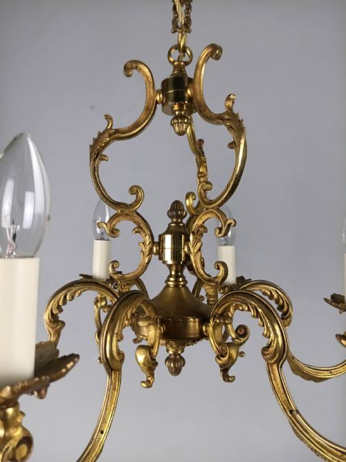 FRENCH GILT BRASS 6 LIGHT CHANDELIER - ADDITIONAL PHOTO 9