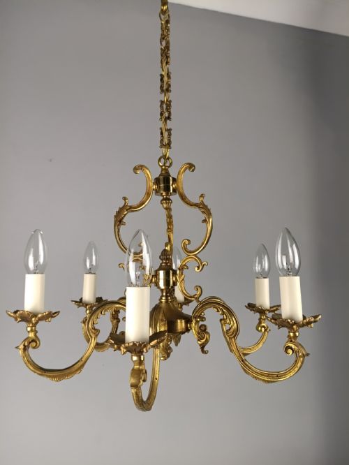 FRENCH GILT BRASS 6 LIGHT CHANDELIER - ADDITIONAL PHOTO 10