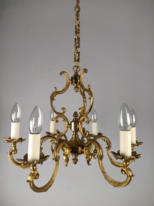 FRENCH GILT BRASS 6 LIGHT CHANDELIER - ADDITIONAL PHOTO 11