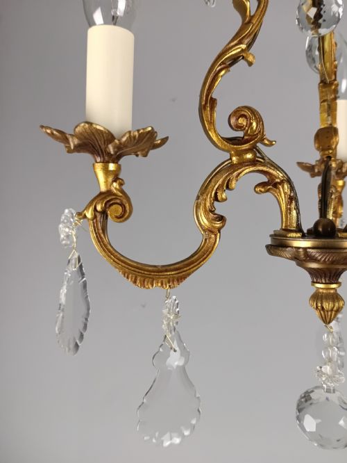 FRENCH GILDED BRONZE CRYSTAL TRIPLE LIGHT ANTIQUE CHANDELIER - ADDITIONAL PHOTO 2