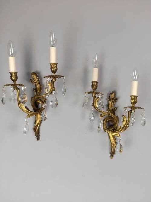 French Pair of Gilded Twin Arm Antique Crystal Wall Lights
