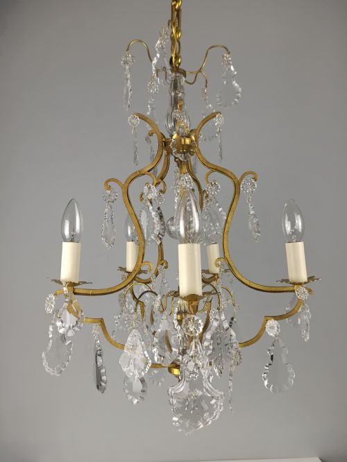 FRENCH GILDED CRYSTAL 5 LIGHT ANTIQUE BIRDCAGE CHANDELIER