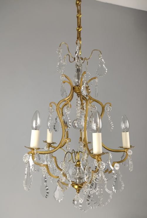 FRENCH GILDED CRYSTAL 5 LIGHT ANTIQUE BIRDCAGE CHANDELIER - ADDITIONAL PHOTO 7
