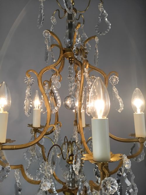 FRENCH GILDED CRYSTAL 5 LIGHT ANTIQUE BIRDCAGE CHANDELIER - ADDITIONAL PHOTO 8