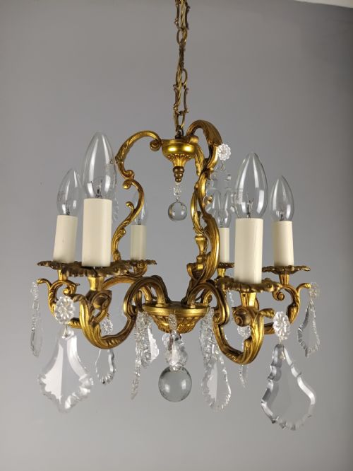 FRENCH GILDED CRYSTAL 6 LIGHT CHANDELIER - ADDITIONAL PHOTO 7