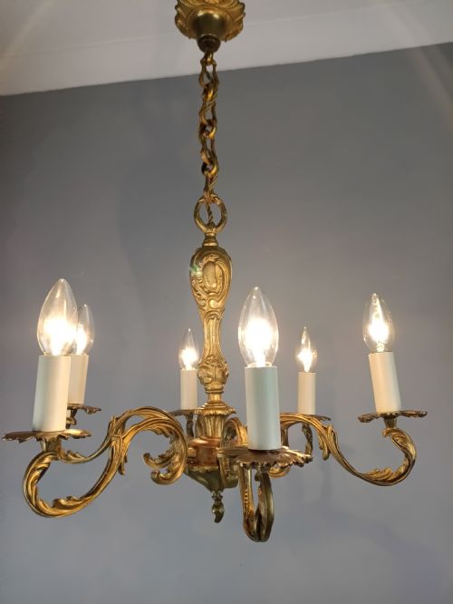 FRENCH GILT BRASS 6 ARM CHANDELIER - ADDITIONAL PHOTO 1