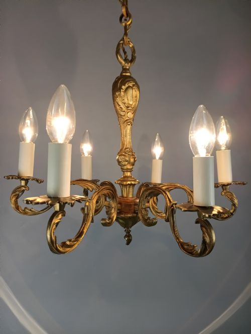 FRENCH GILT BRASS 6 ARM CHANDELIER - ADDITIONAL PHOTO 4